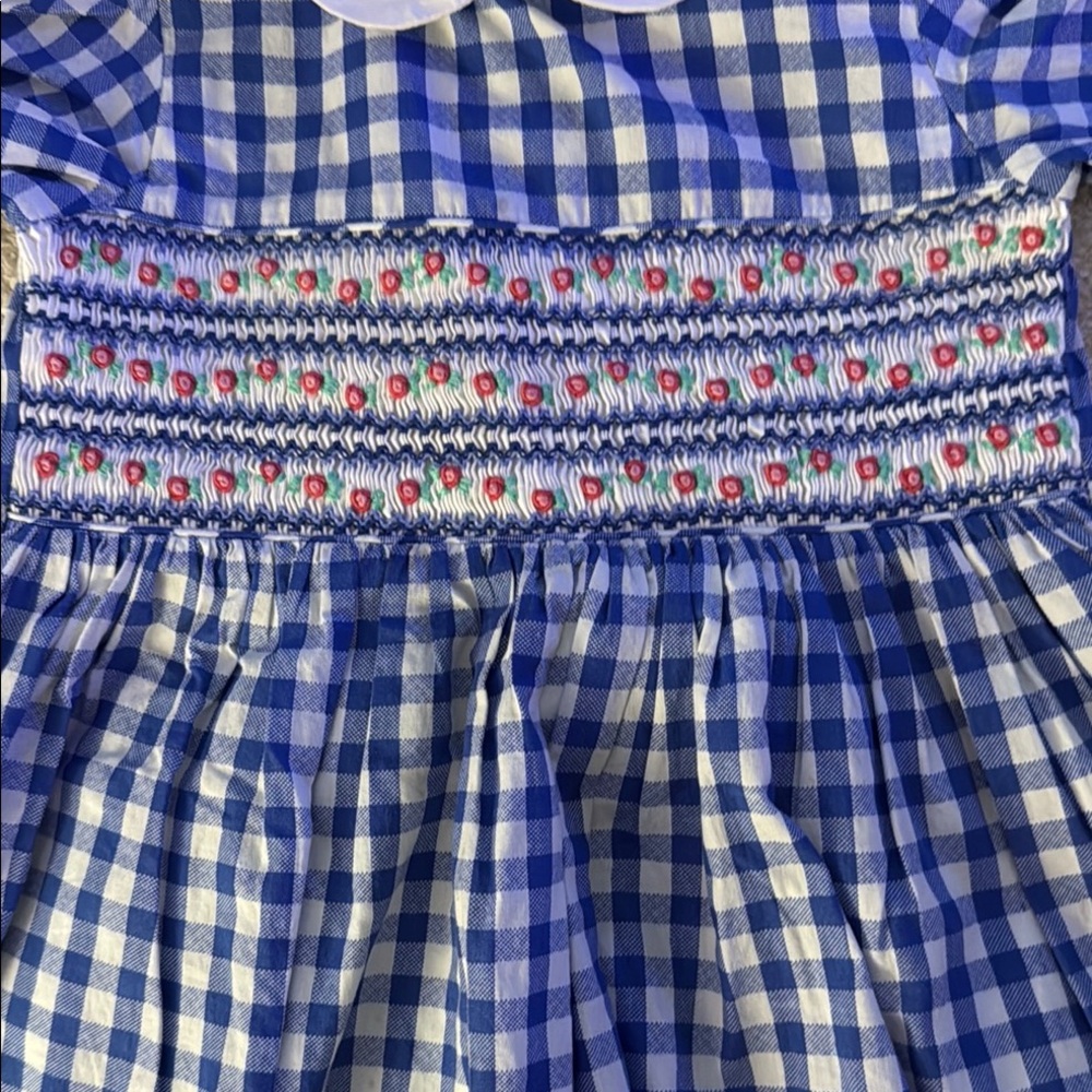 Rachel Riley Blue Gingham Smocked Peter Pan Collar Kids Dress - Picture 2 of 4